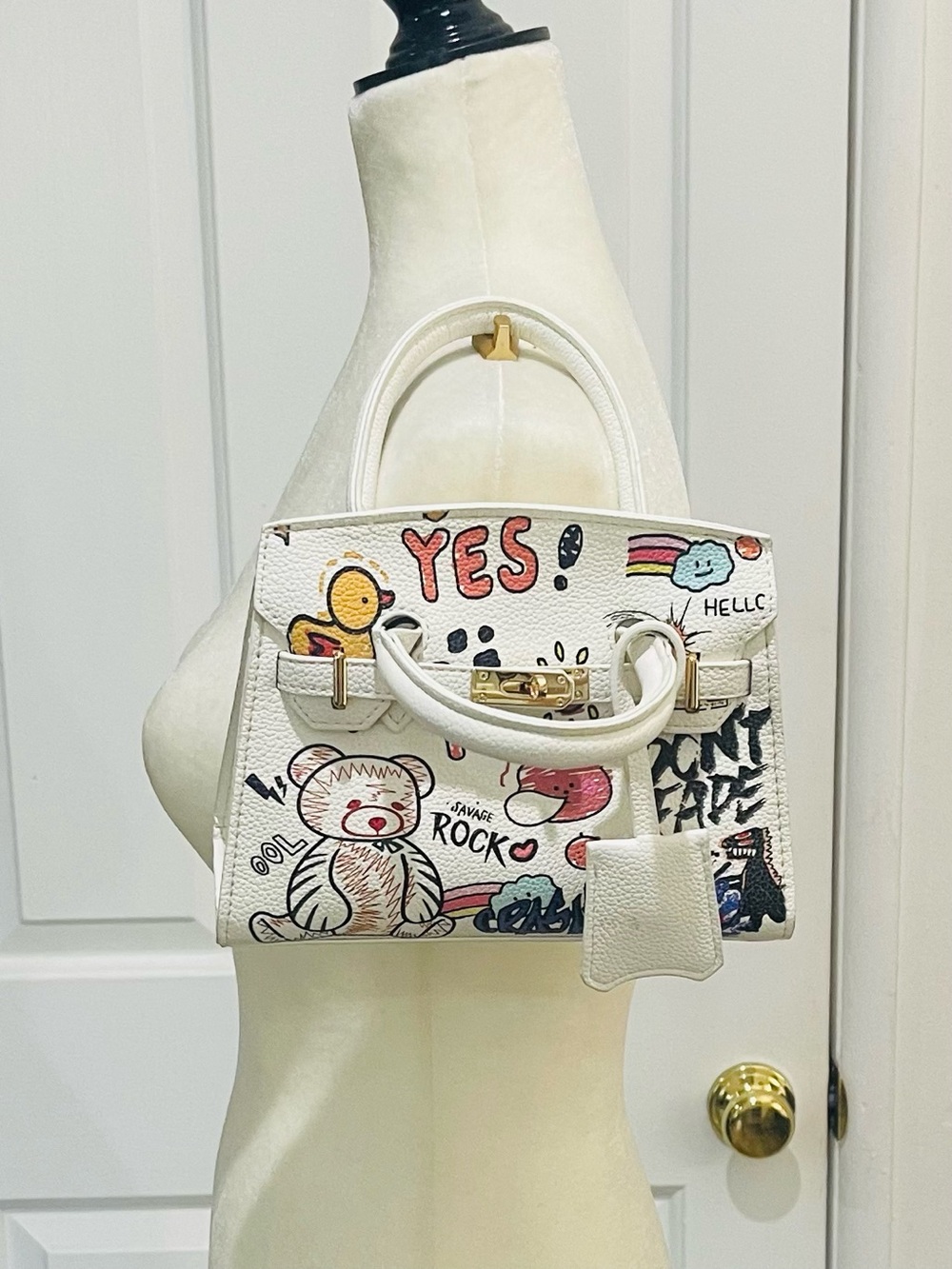 White Graffiti Print Top-Handle Bag - Picture 5 of 16